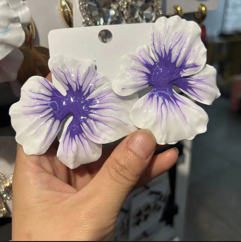 Alloy flower stud earrings with oil-spot glaze finish in blue, green, purple and rose colour options