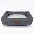 Linen square pet bed for dogs in grey plaid colour with autumn winter seasonal design