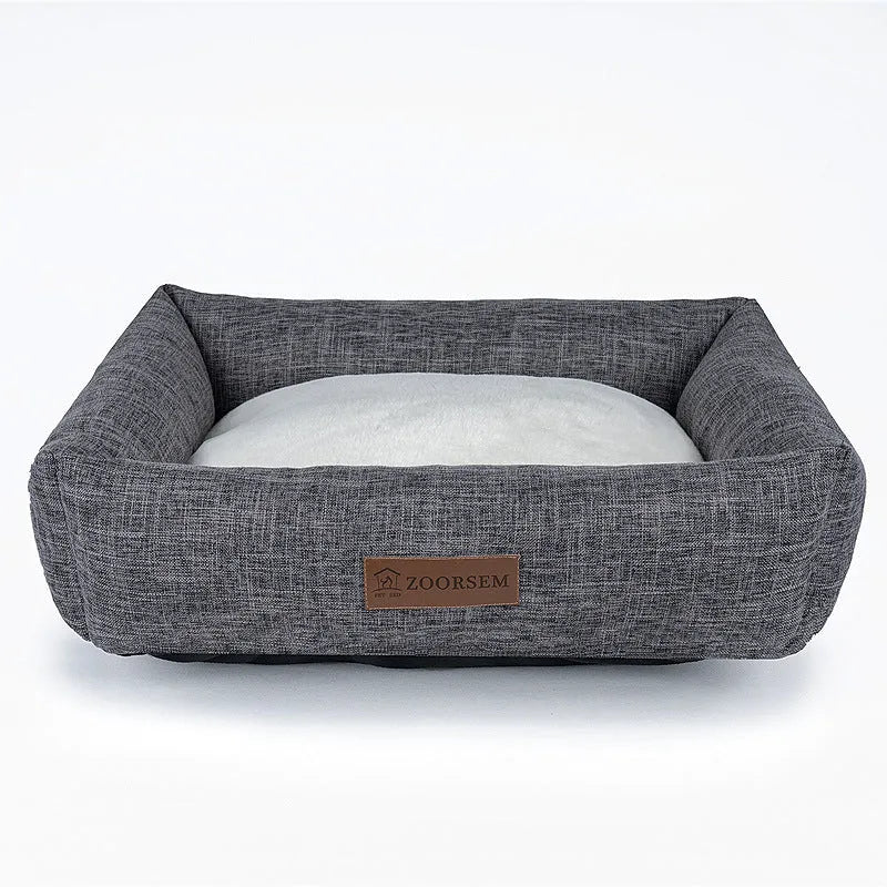Linen square pet bed for dogs in grey plaid colour with autumn winter seasonal design