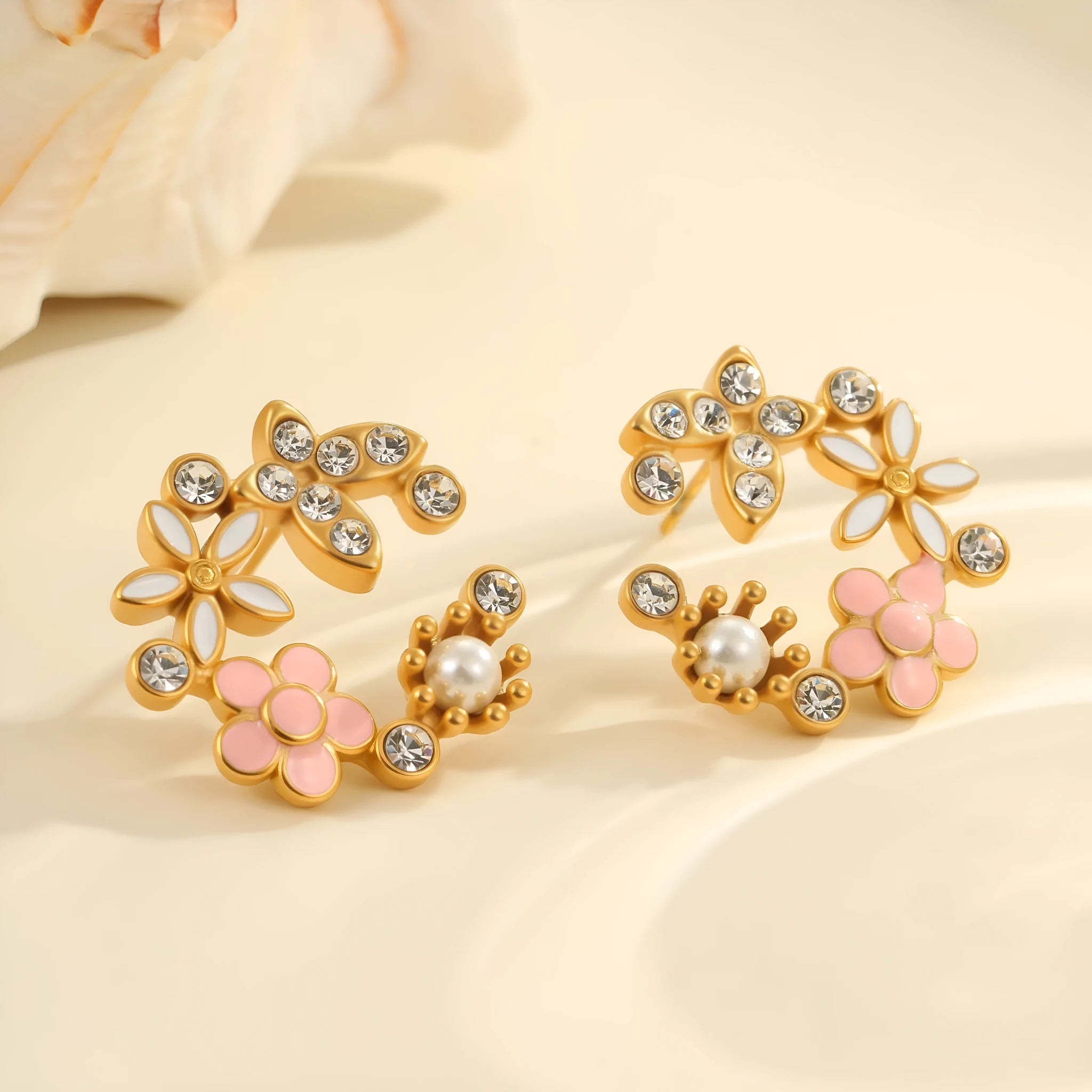 Gold electroplated flower stud earrings with petal design and colourful oil finish