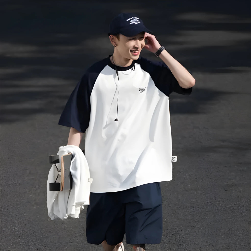 Japanese-style raglan sleeve t-shirt in blue, green, and grey colours with loose fit design