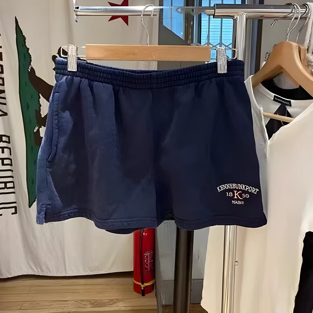 Women's dark blue cotton sports hot pants with white flag embroidery, high-top shorts design
