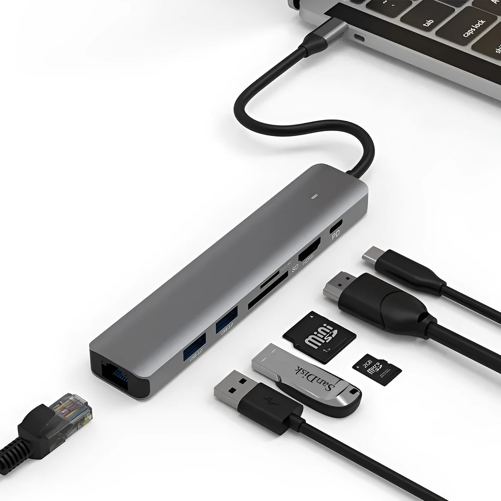 LQT-LH07 7-in-1 USB-C multi-function card reader hub for laptop and desktop.