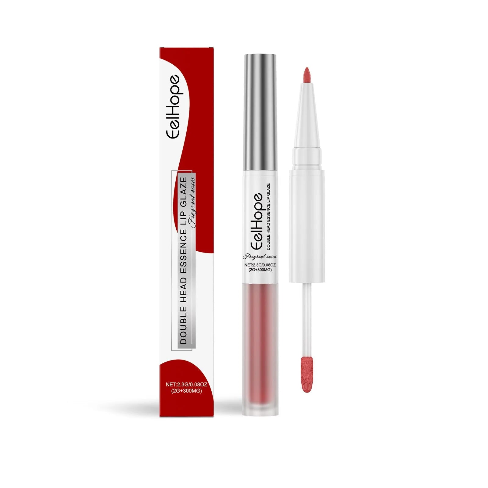Double-headed lip liner and lip lacquer makeup pencil showing two colour tips