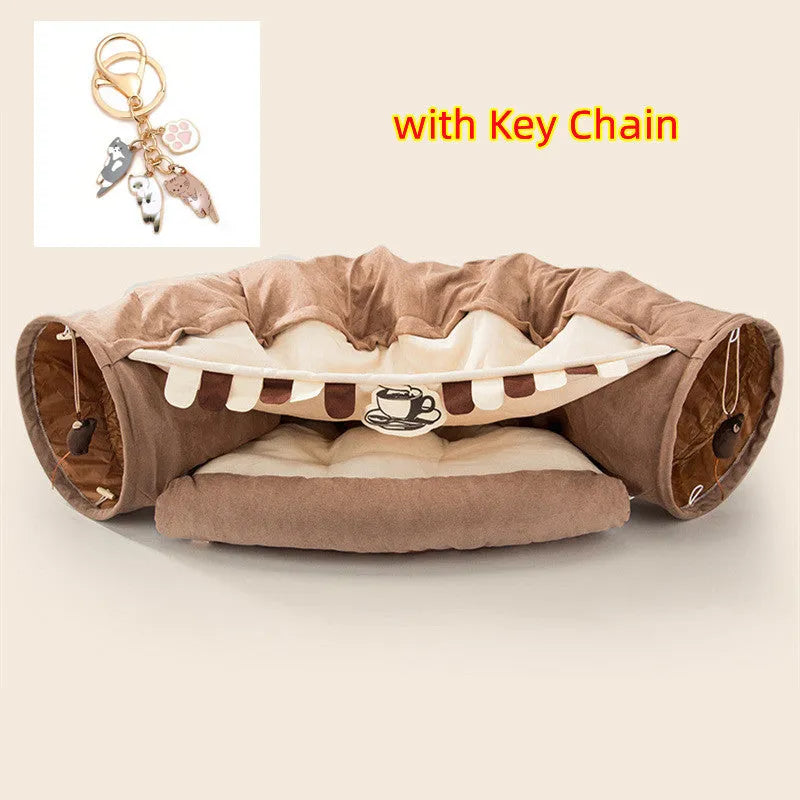 Collapsible cloth cat tunnel in Bar, Coffee, Matcha, or Pink colour, showing its 45cm diameter size.
