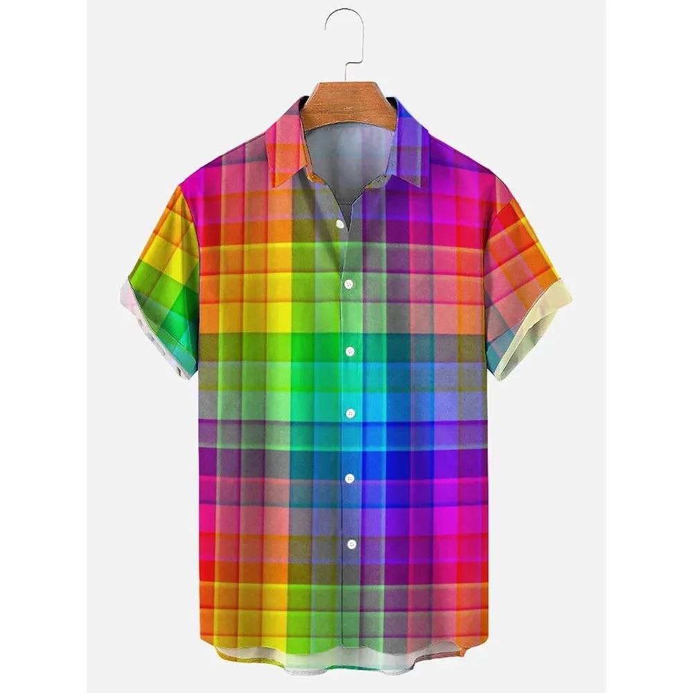 Men's striped Hawaiian short sleeve shirt with button front and elastic band construction