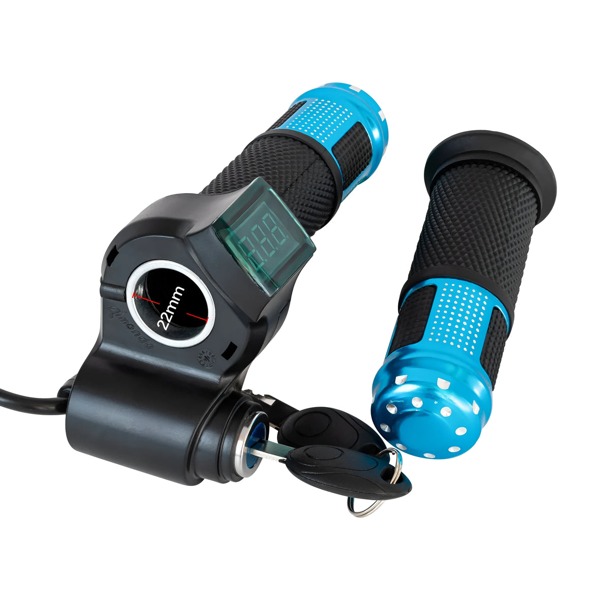 Electric vehicle handlebar grip replacement part in blue, showing 5-core wire and connector