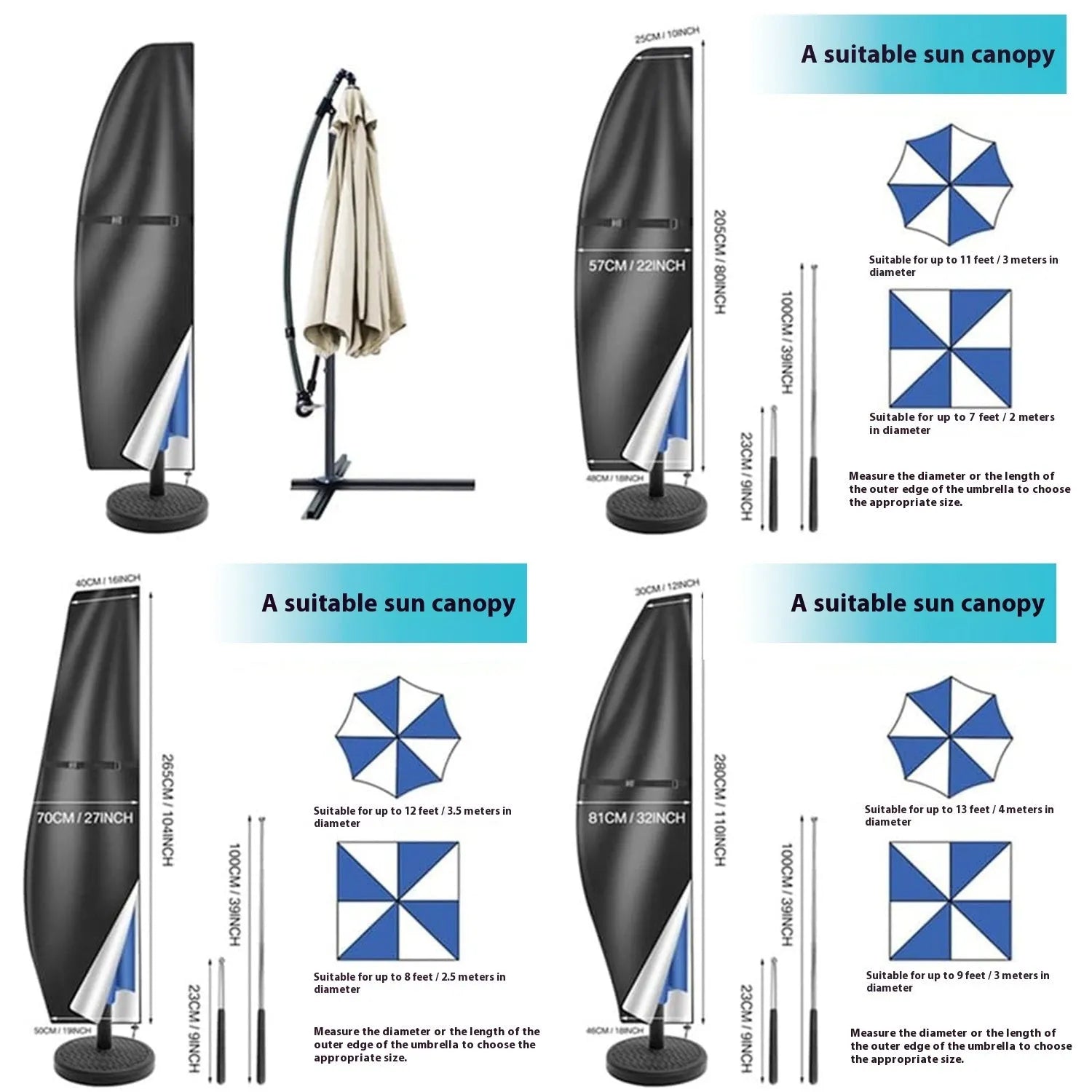 Black waterproof banana-shaped Oxford cloth cover for an offset patio umbrella.