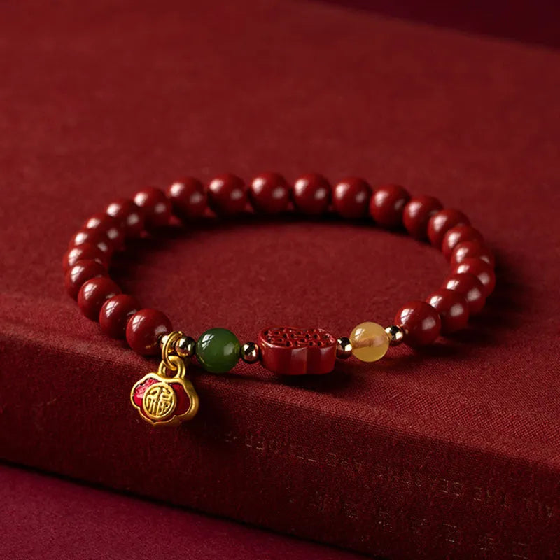 Cinnabar fu character bracelet with emperor sandstone beads in new Chinese style jewellery