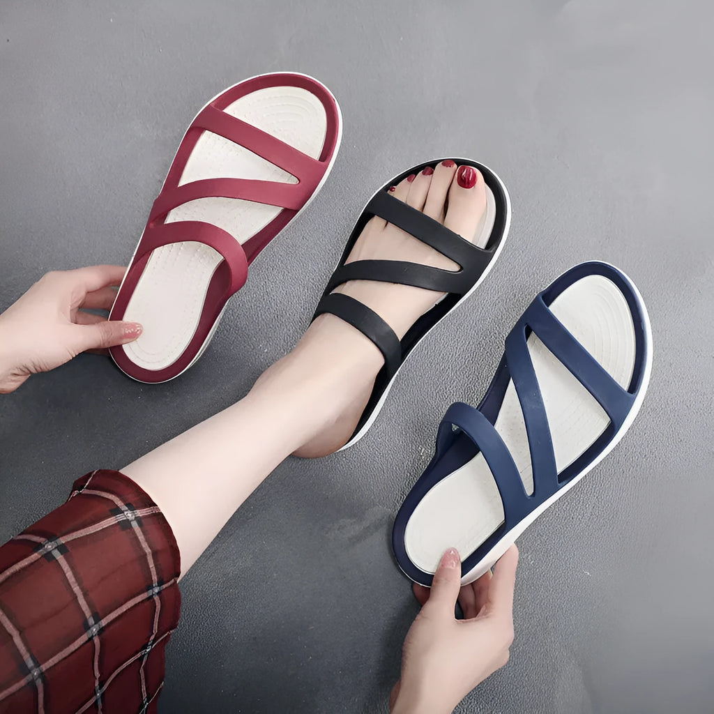 Women's solid colour summer sandals in red, purple, blue, black, grey or pink with breathable PP upper