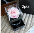 Preserved eternal rose and carnation gift box in glass display case for jewellery storage
