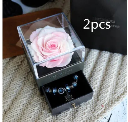 Preserved eternal rose and carnation gift box in glass display case for jewellery storage