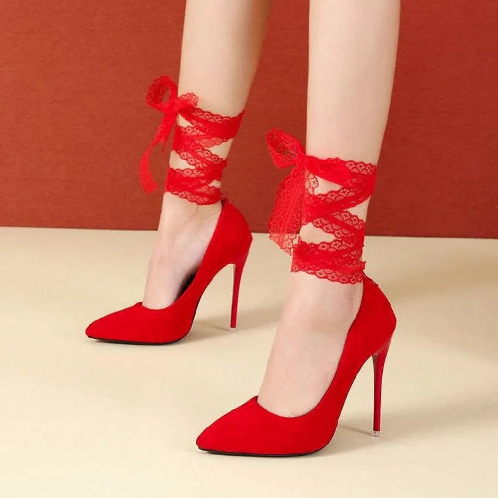 Thin shallow mouth women's shoes with pointed toe and strap fastening in black or red