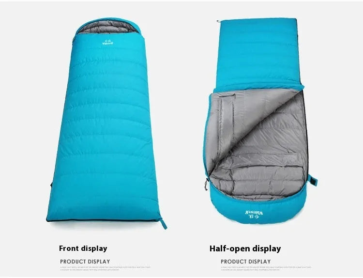 Black outdoor sleeping bag with envelope structure and white goose down filling