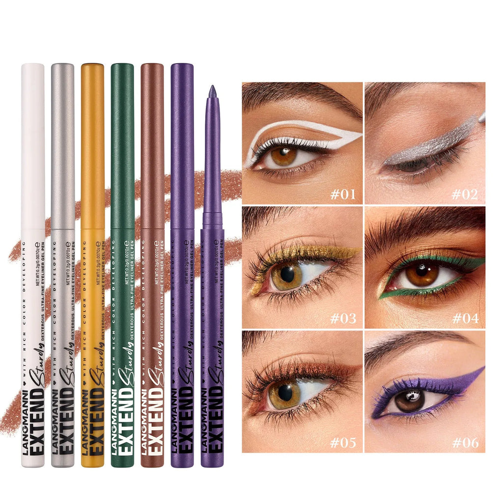 Set of 12 colourful gel glitter eyeliner pencils displayed in vibrant shades A through L.