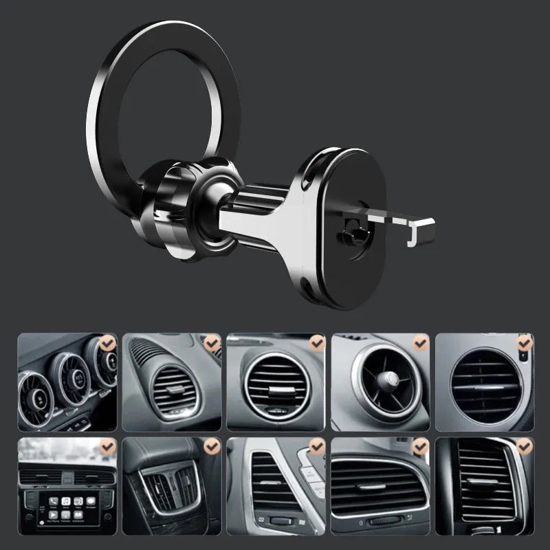 Black magnetic car air vent phone holder with O-ring bracket for smartphones below 6.8 inches