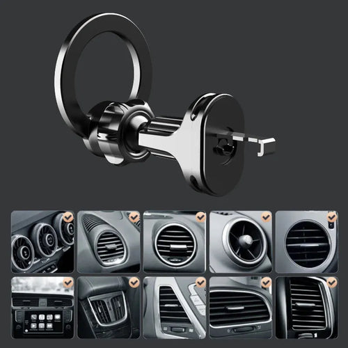 Black magnetic car air vent phone holder with O-ring bracket for smartphones below 6.8 inches