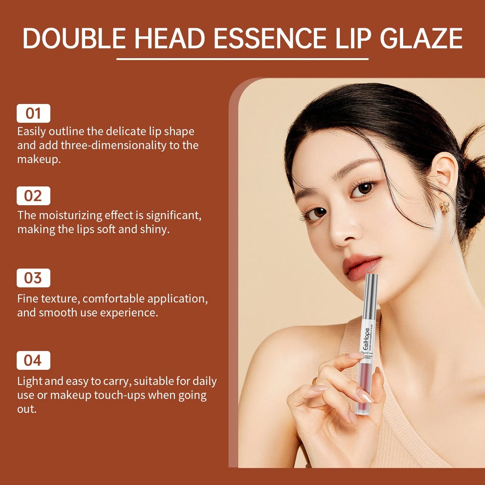 Double-headed lip liner and lip lacquer makeup pencil showing two colour tips