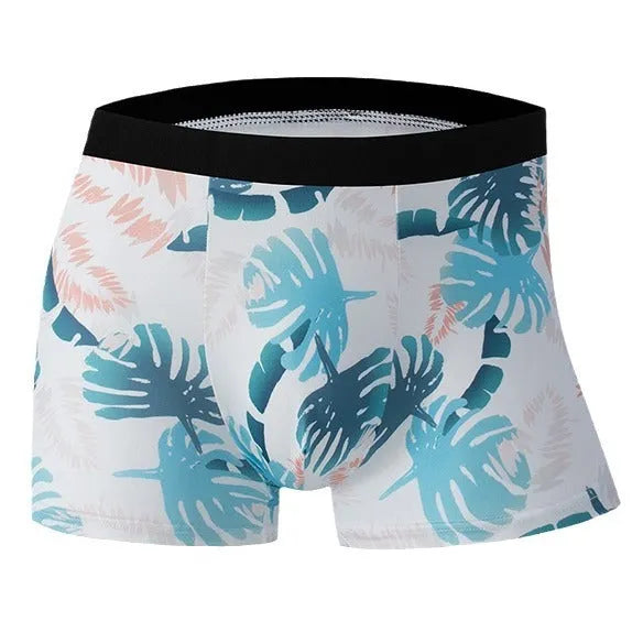 Men's ice silk underwear with fashion printing showing mid waist design and breathable polyester fabric