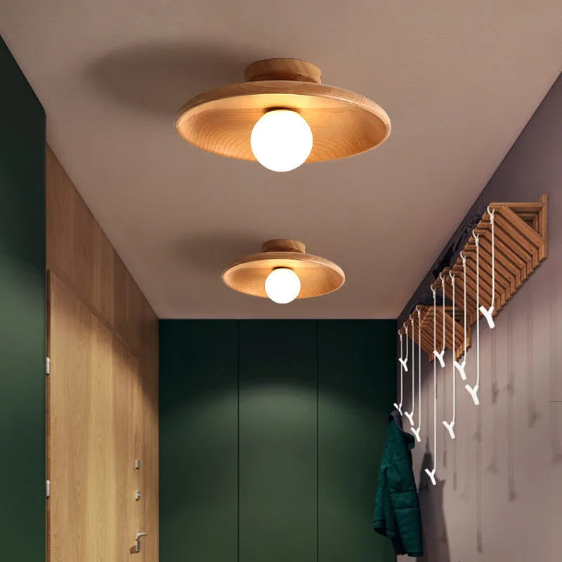 Modern minimalist solid wood ceiling lamp with glass shade in walnut colour