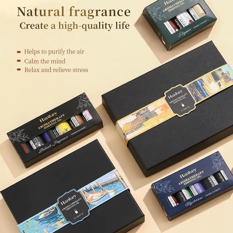 Boxed water-soluble aromatherapy essential oil set showing multiple size options