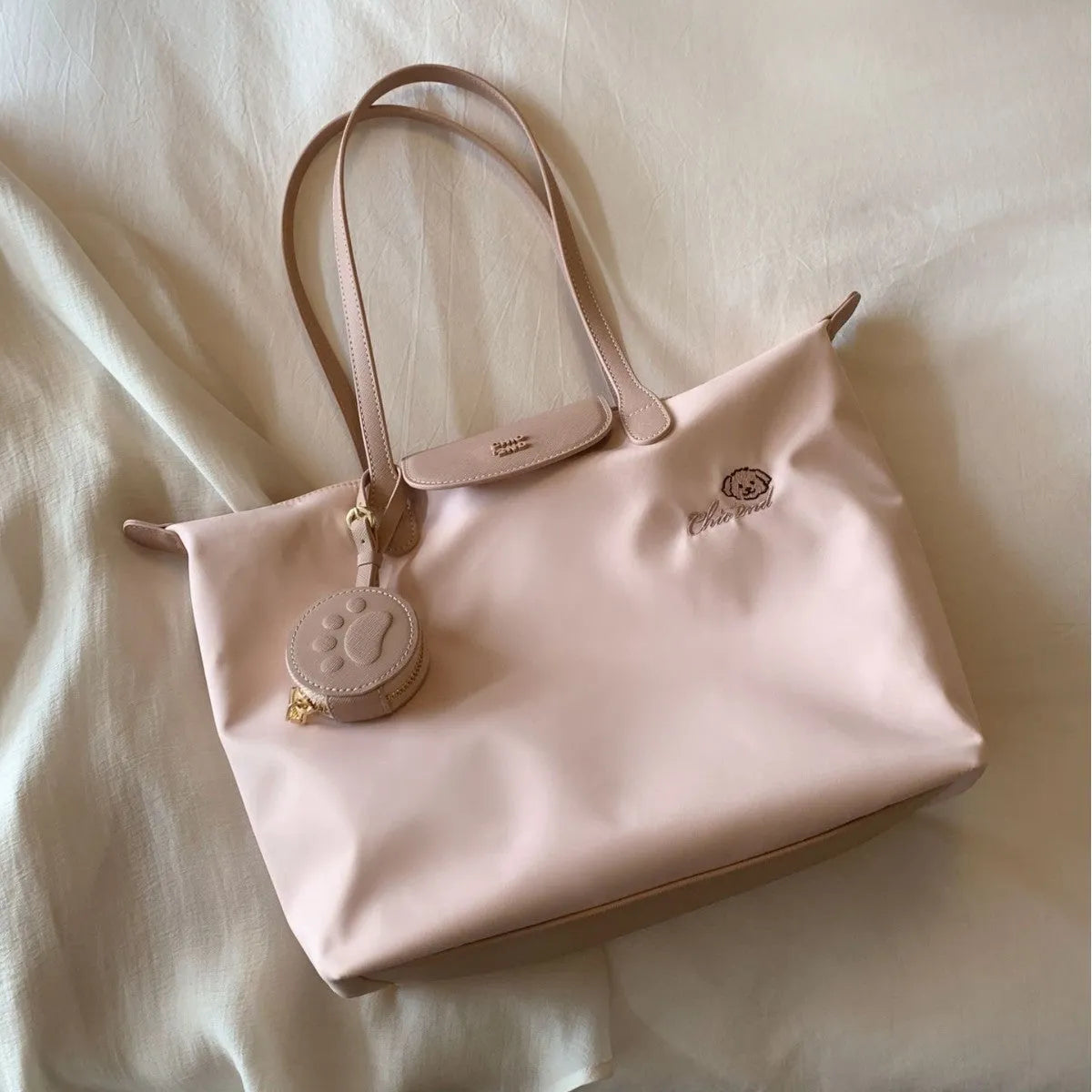 Oxford cloth tote shoulder bag with sandwich pocket in pink colour