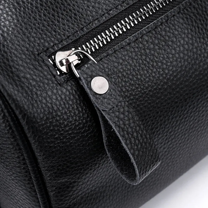 Black genuine leather one-shoulder crossbody bag with polyester lining