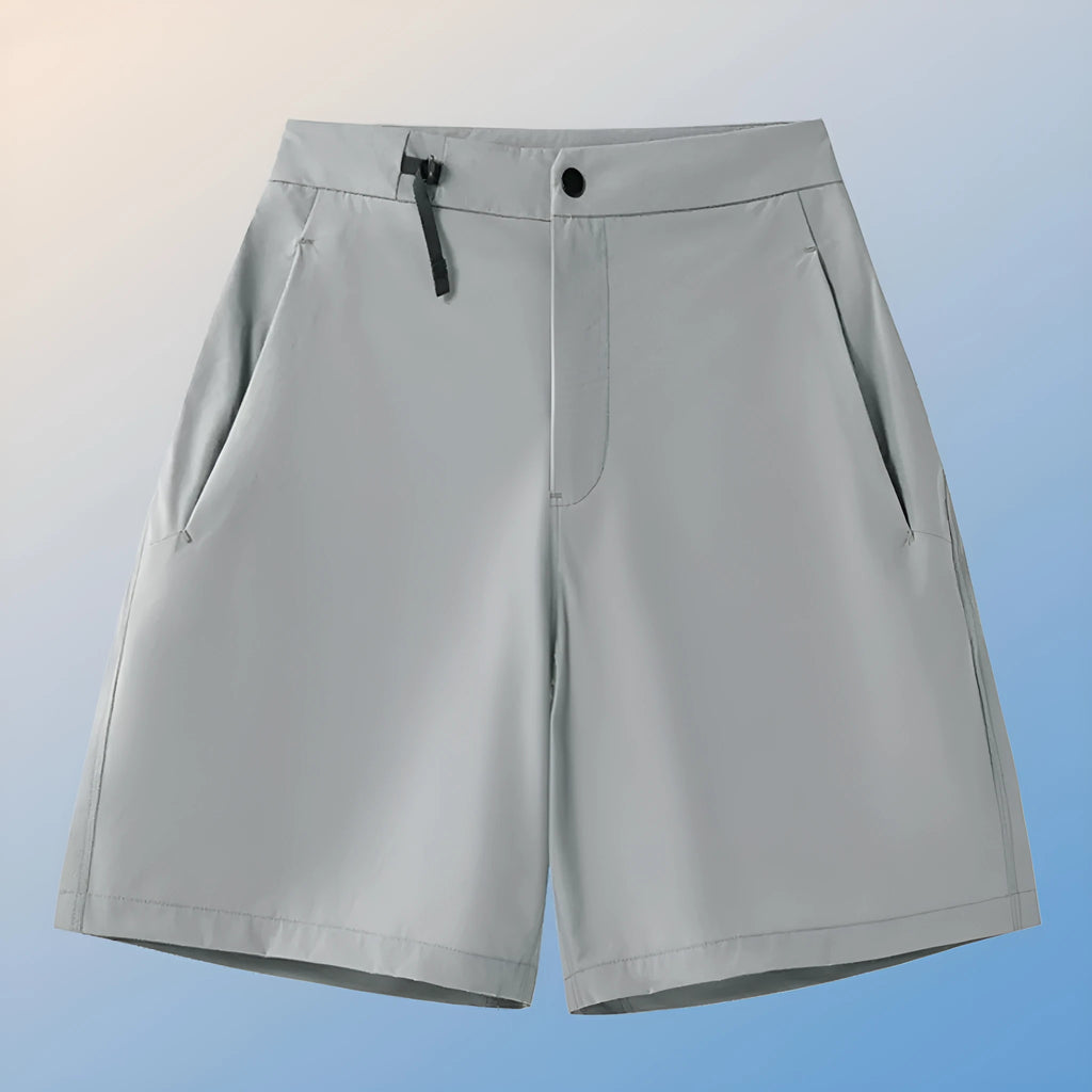 Men's khaki quick-drying sports shorts with 3D cut and elastic waistband laid flat.