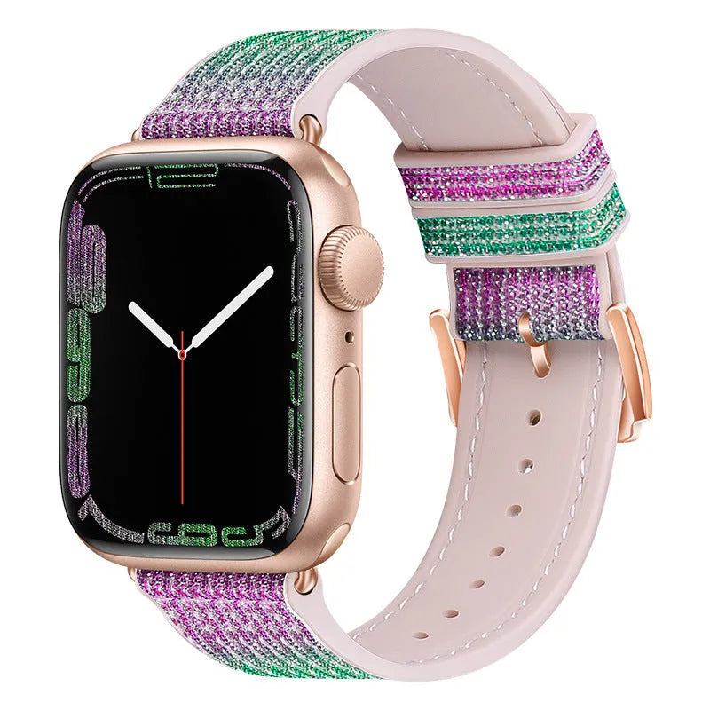 Diamond-encrusted double-sided allochroic silica gel Apple Watch strap in a listed colour and size
