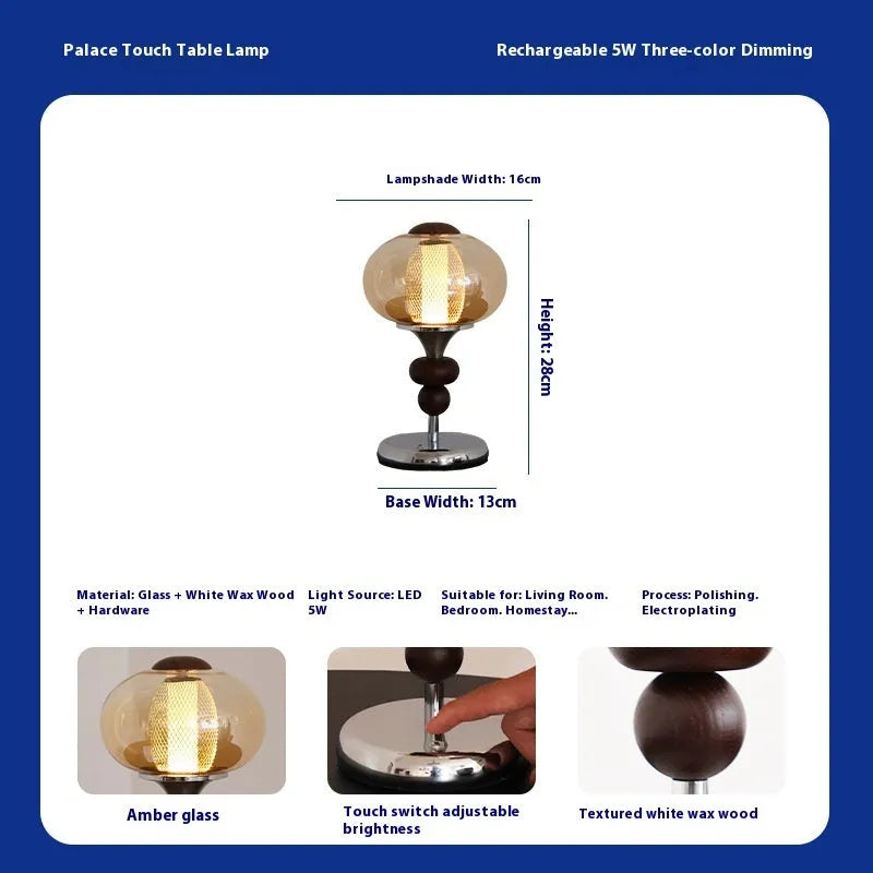 Solid wood retro palace-style table lamp with touch control panel showing three lighting colour options