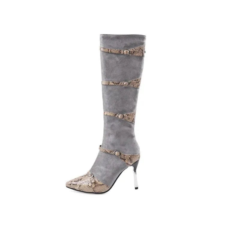 Women's grey and black knee high boots with thin high heels for autumn wear