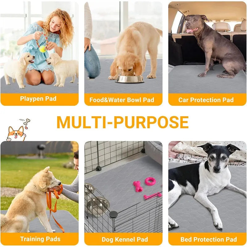 Grey and tan washable dog pee pads showing waterproof backing and size options