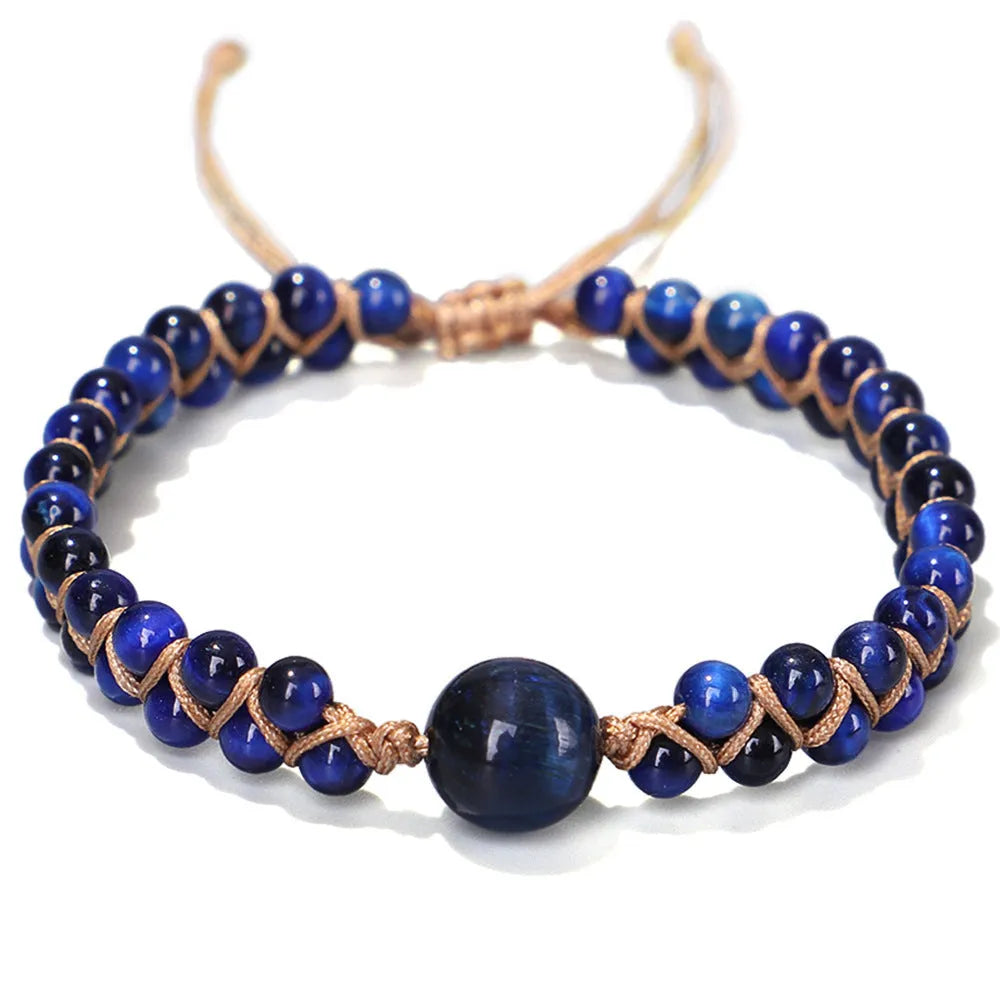 Handmade woven pull bracelet with Tigereye or Amethyst gemstone beads in geometric design