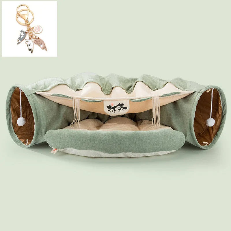Collapsible cloth cat tunnel in Bar, Coffee, Matcha, or Pink colour, showing its 45cm diameter size.