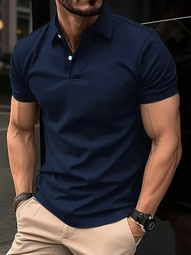 Men's slim fit short sleeve button shirt in a solid colour, showing front button closure.