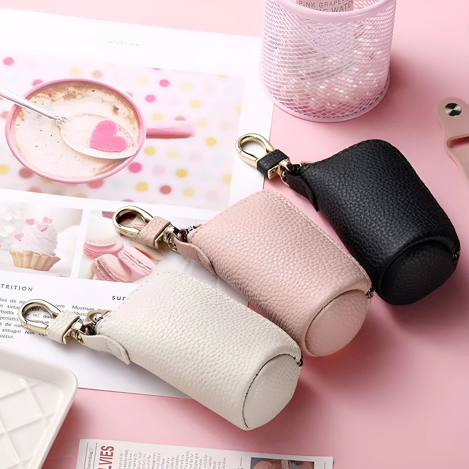 Black grey pink PU leather zipper key case wallet for men on a key ring