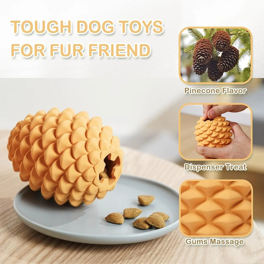 Yellow pine cone shaped dog chew toy with treat dispenser hole and textured surface
