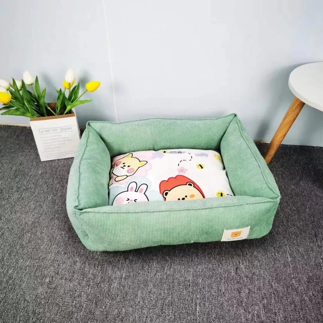 Rectangular cloth pet nest for dogs and cats in a choice of colours, shown in two available sizes.