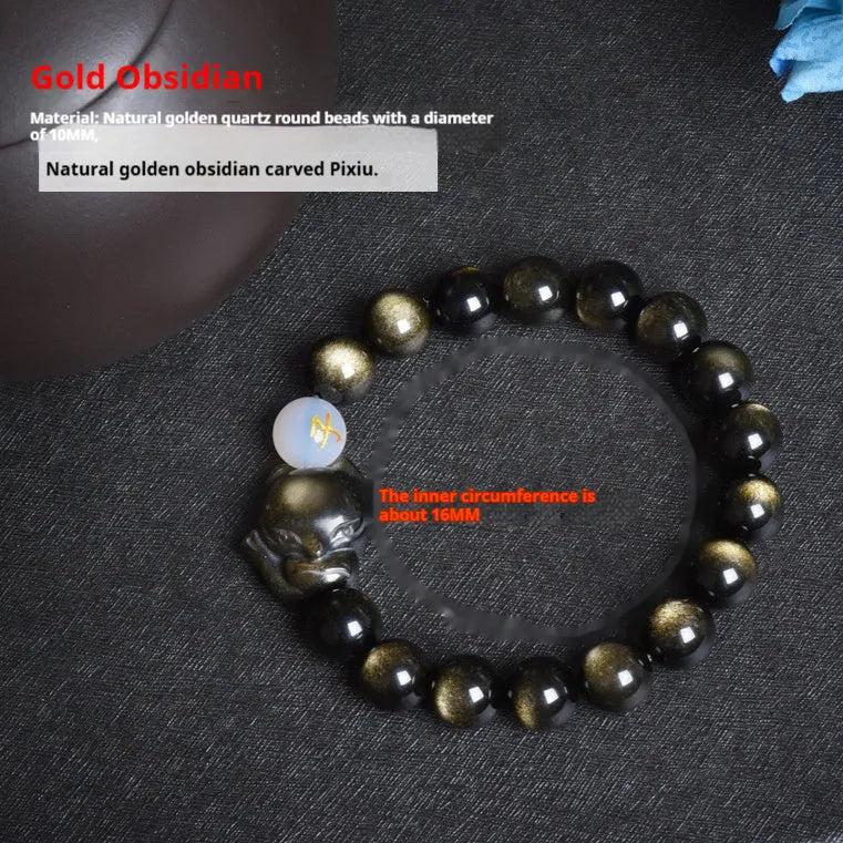 Natural obsidian bracelet with zodiac guardian design and 10mm stone beads