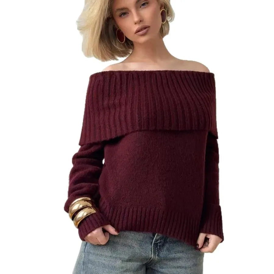 Grey off-the-shoulder sweater with 3D pattern, regular sleeves, and strapless neckline
