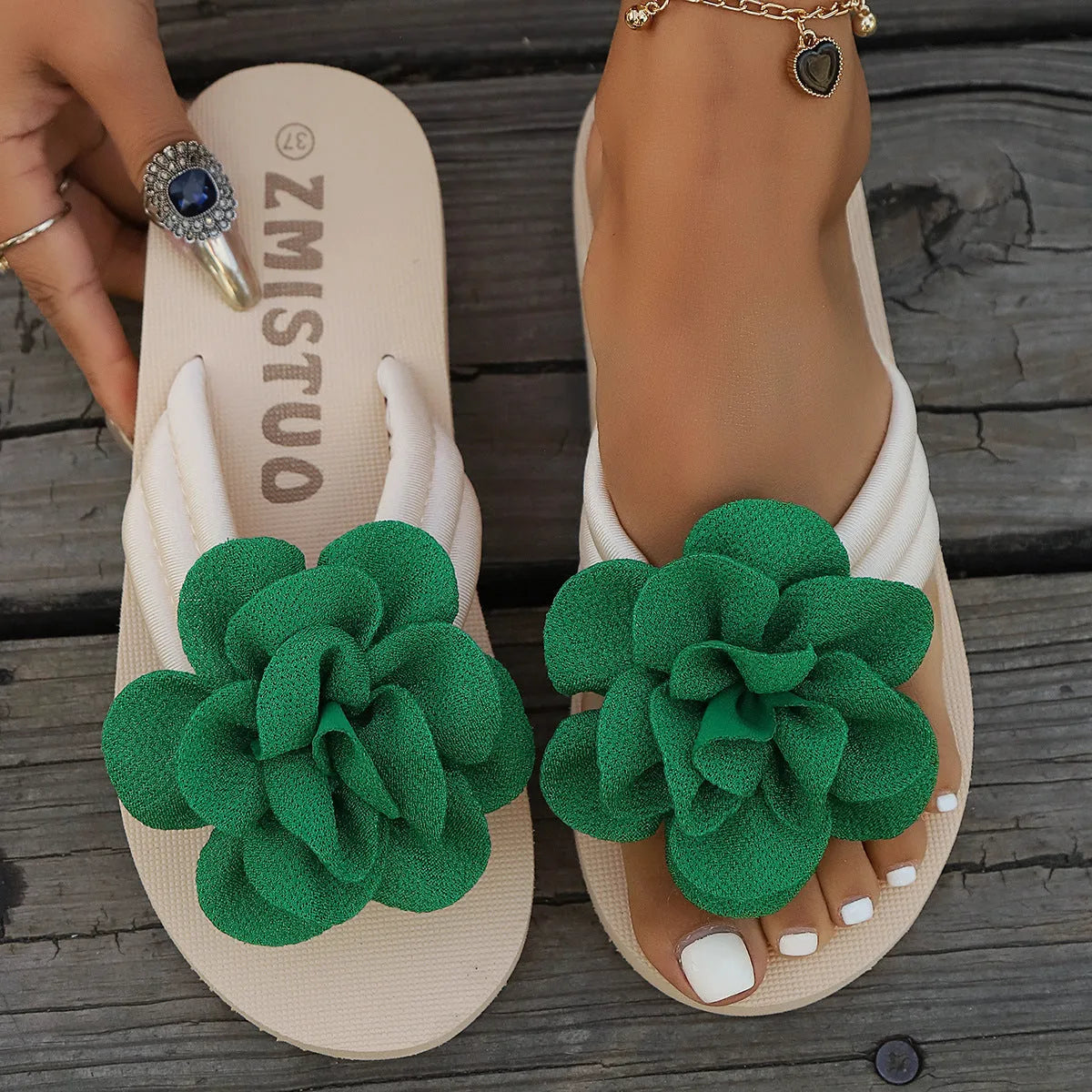 Women's plus size PU slippers in beige, green, and rose red colours showing flip flop design