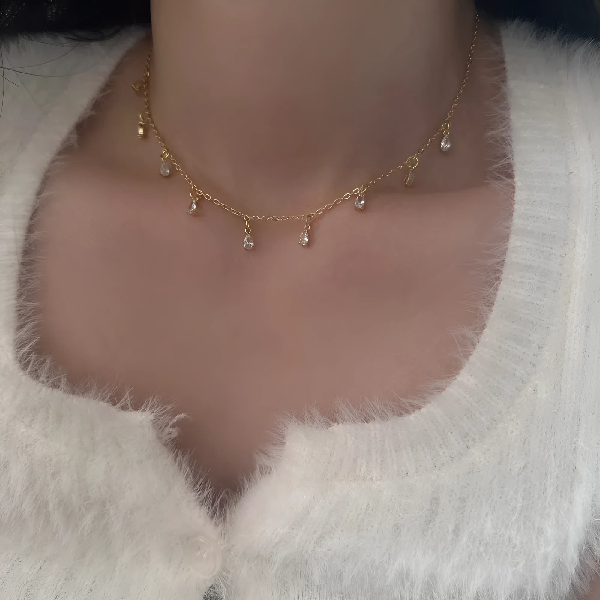 Zircon jewellery set with geometric meteor shower necklace, earrings and anklet in Korean style
