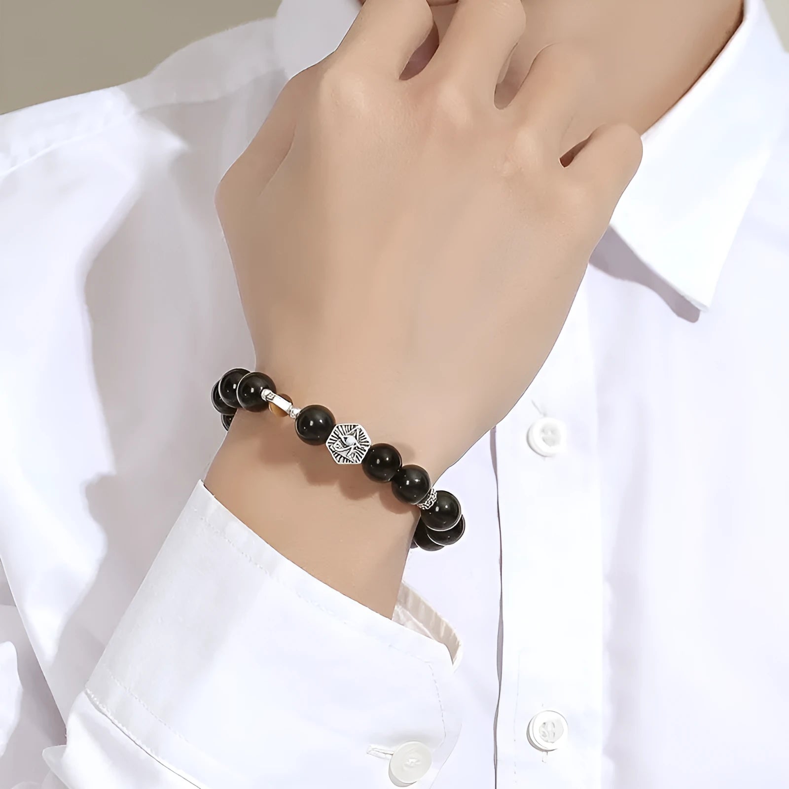 Men's retro geometric S925 silver bracelet with 8mm Tigereye Obsidian God's Eye beads.