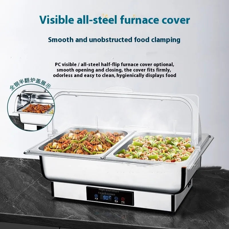 Stainless steel electric buffet food warmer with LCD screen and transparent heating element.