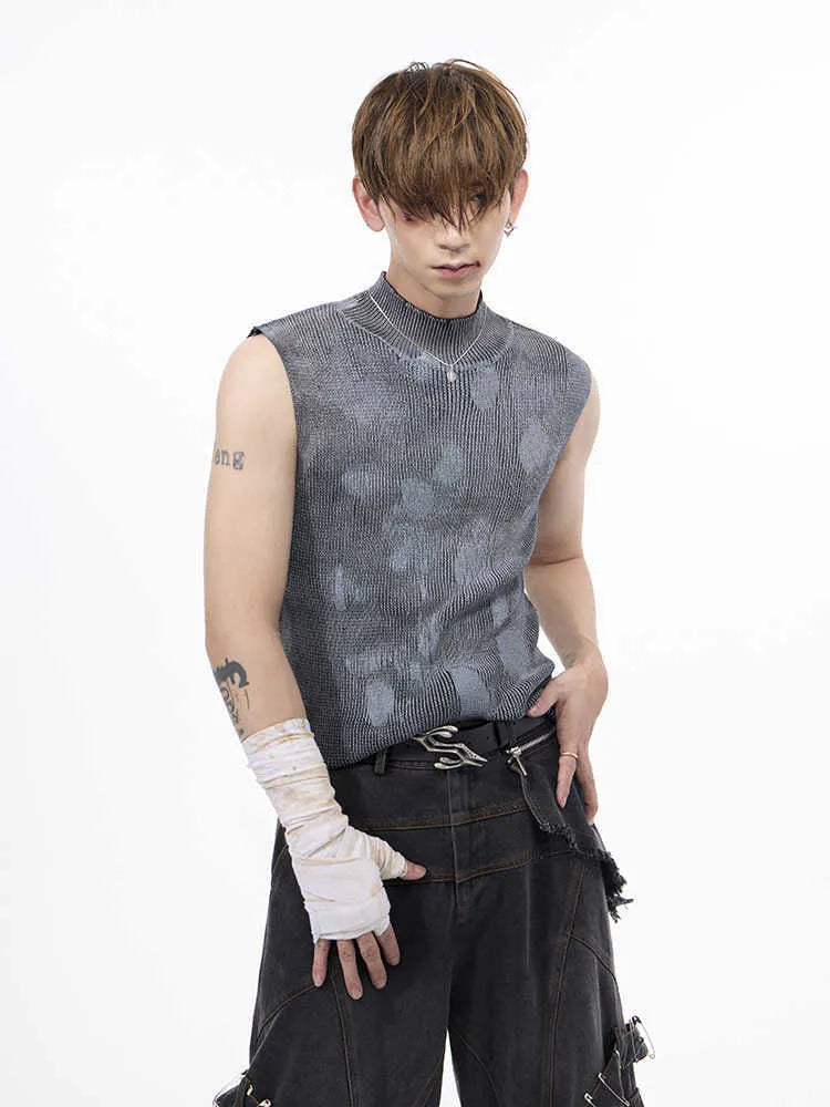 Men's black silver pastebrushing wool blend sleeveless turtleneck vest on a hanger