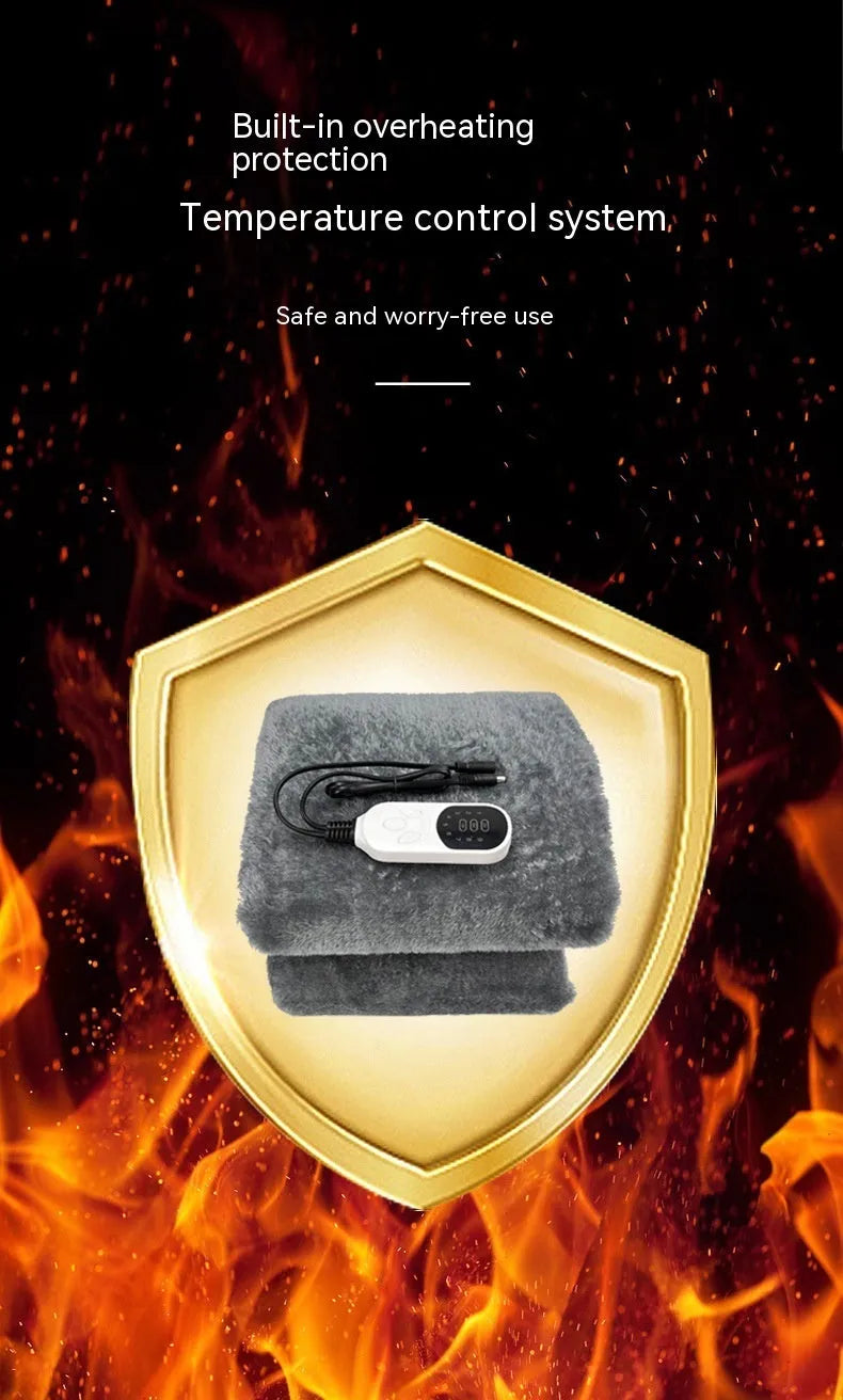 Grey 12V car electric blanket kneepad with cigarette lighter plug and temperature controller.