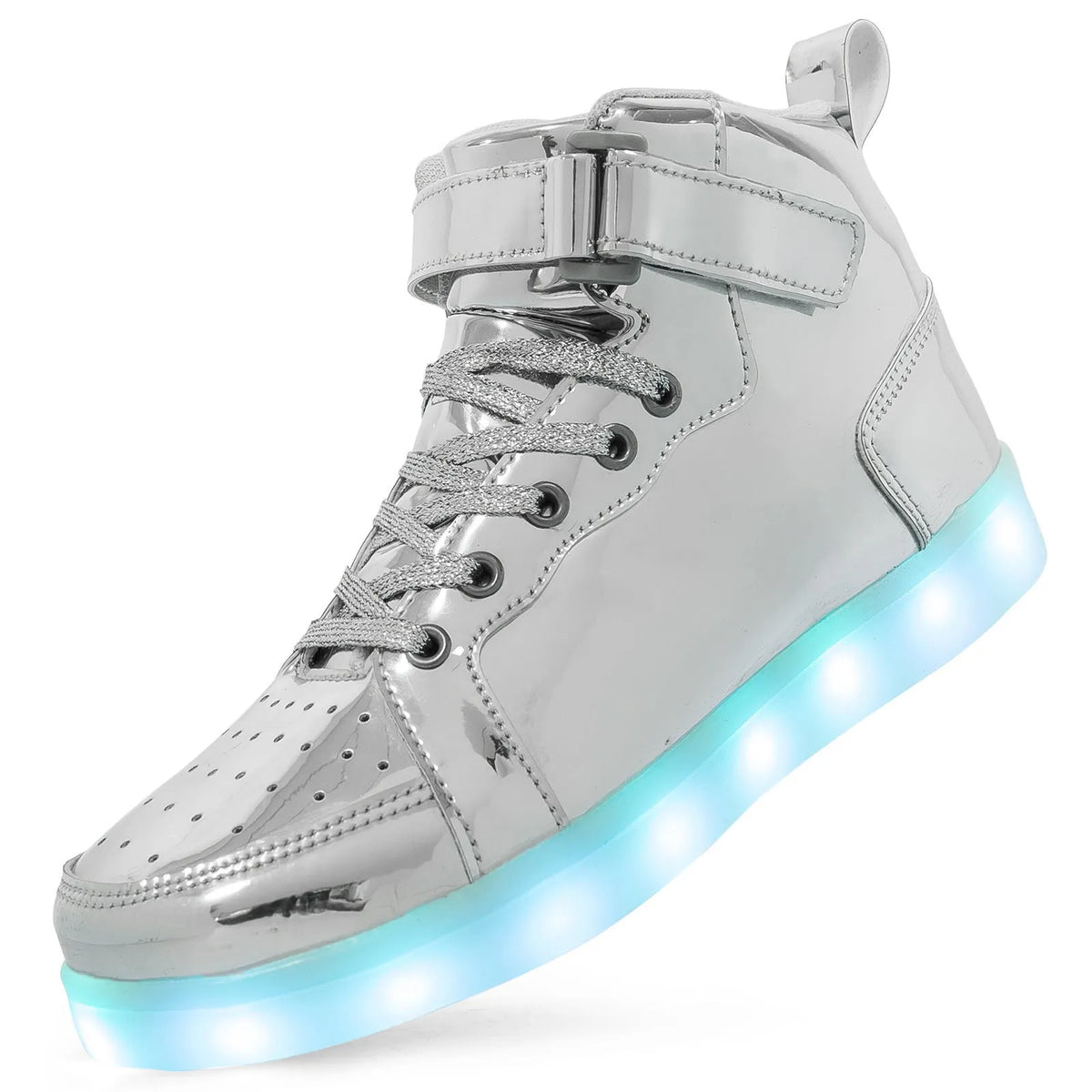 LED light-up high-top dance shoes in black with velcro straps and glowing soles.