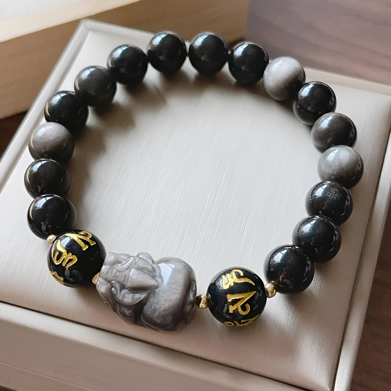 Men's handcrafted silver stone bracelet with Chinese proverbs and zodiac beads