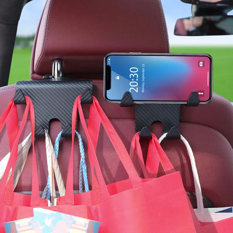 Black ABS car hook bracket with integrated mobile phone holder and storage hooks for rear seat organisation
