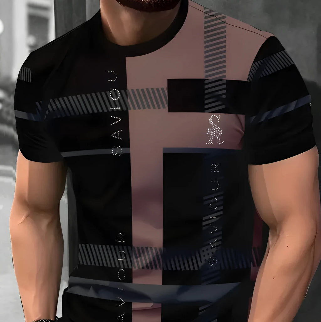 Men's loose fit digital 3D print short sleeve t-shirt in striped pattern